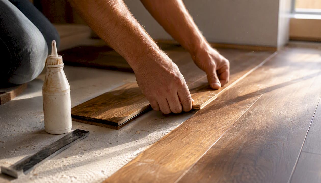 Hands installing engineered hardwood floor