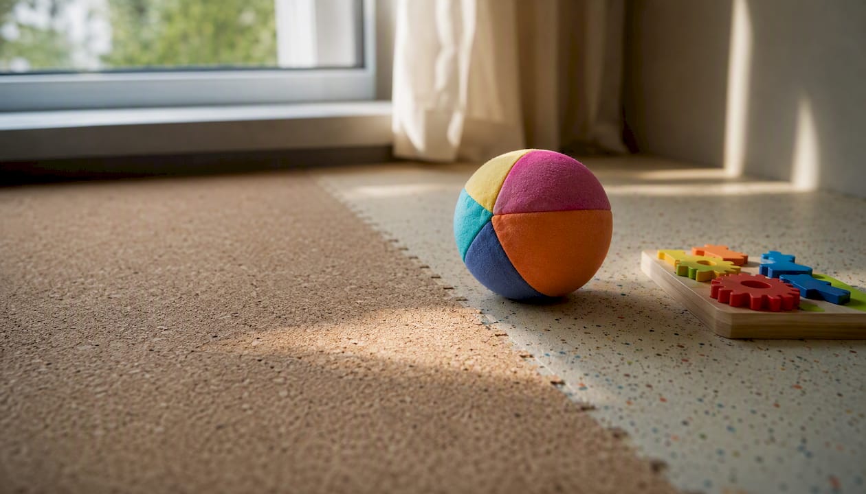 Close-up of cork and rubber floors in playroom