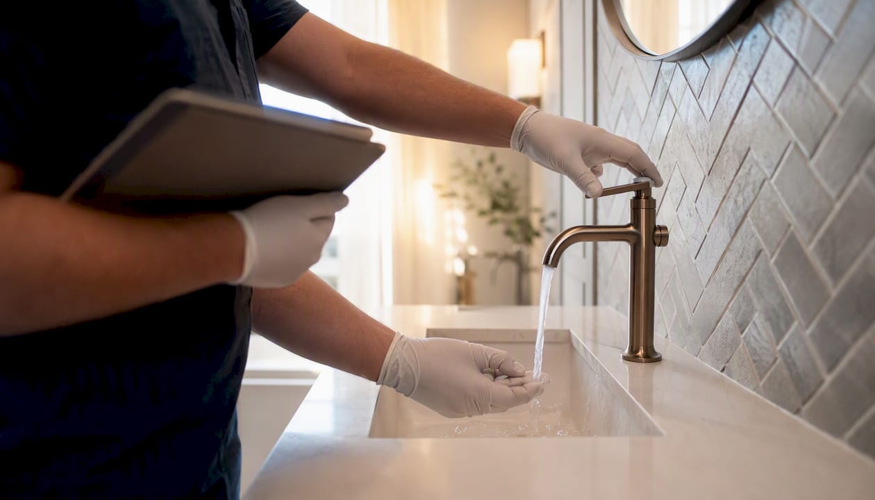 Inspected bathroom faucet during remodel final check