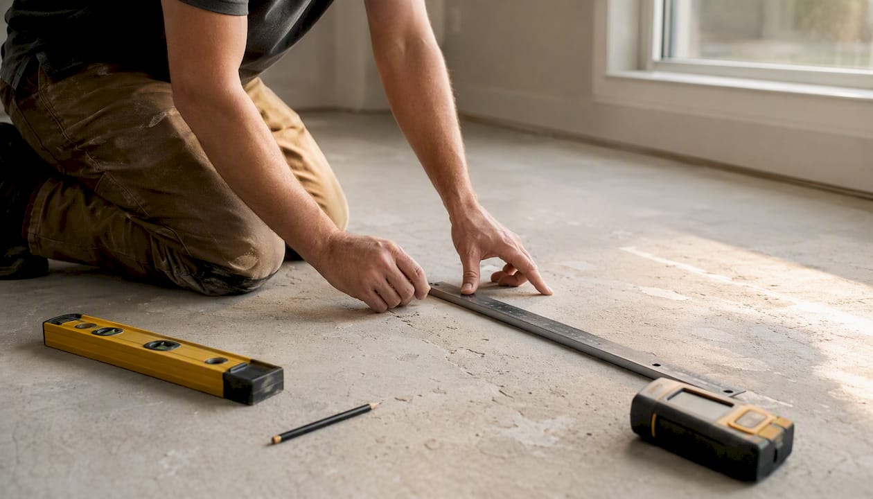 Hands inspecting LVP subfloor for flatness and moisture