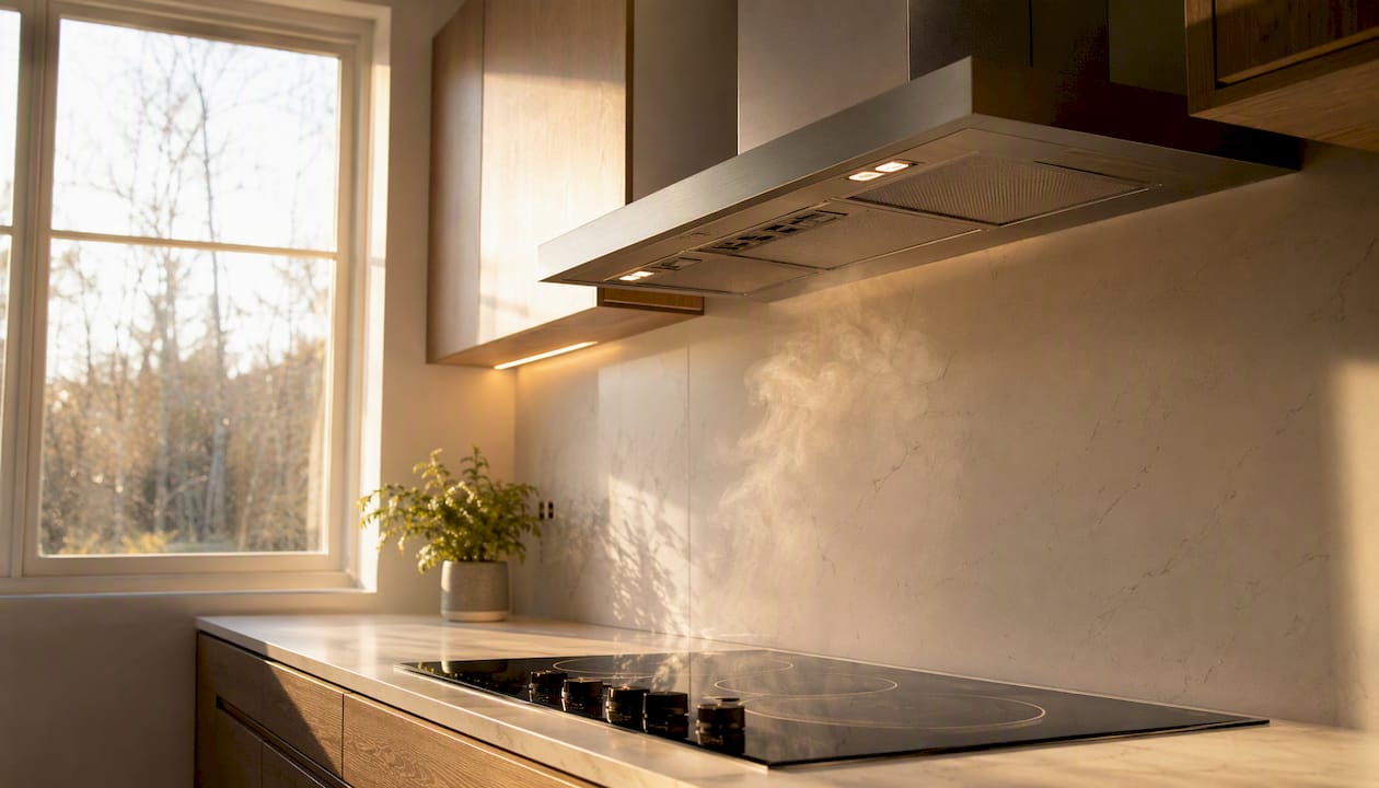 Ducted range hood over gas cooktop in modern kitchen