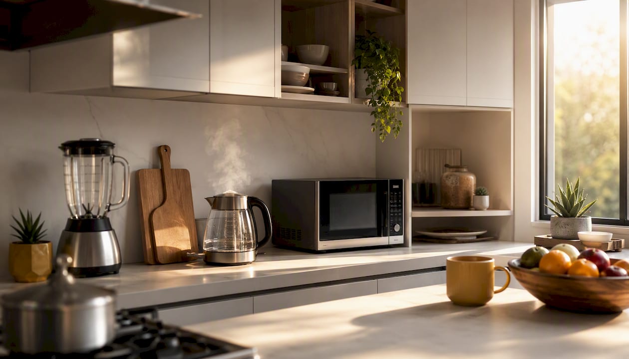 Kitchen countertop zones with common appliances organized