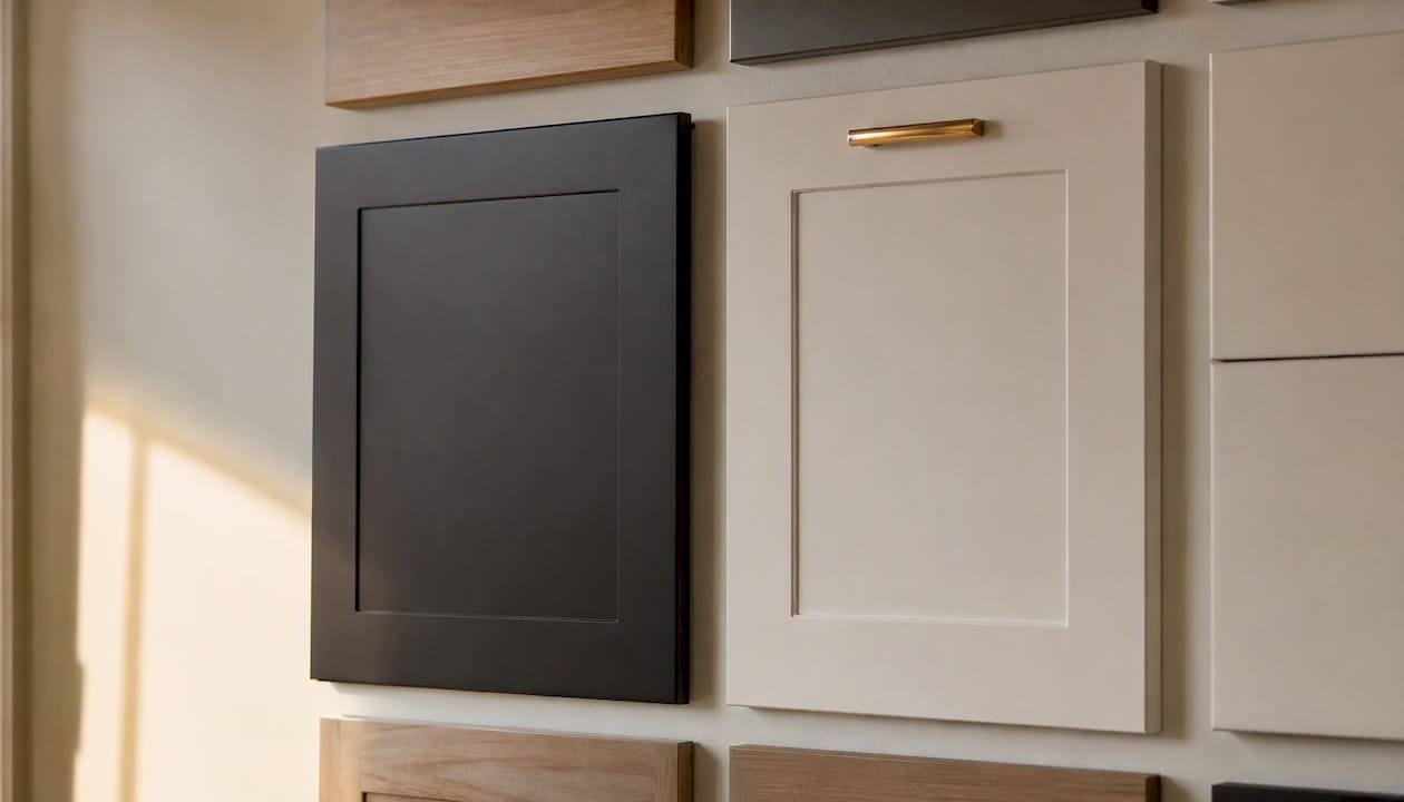 Slab and shaker kitchen cabinet doors close-up