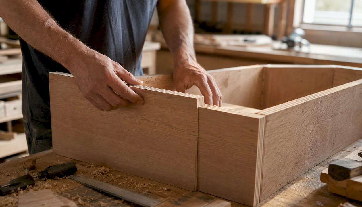 Hands assembling plywood cabinet box