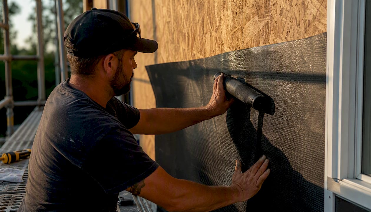 Hands installing moisture barrier on home wall