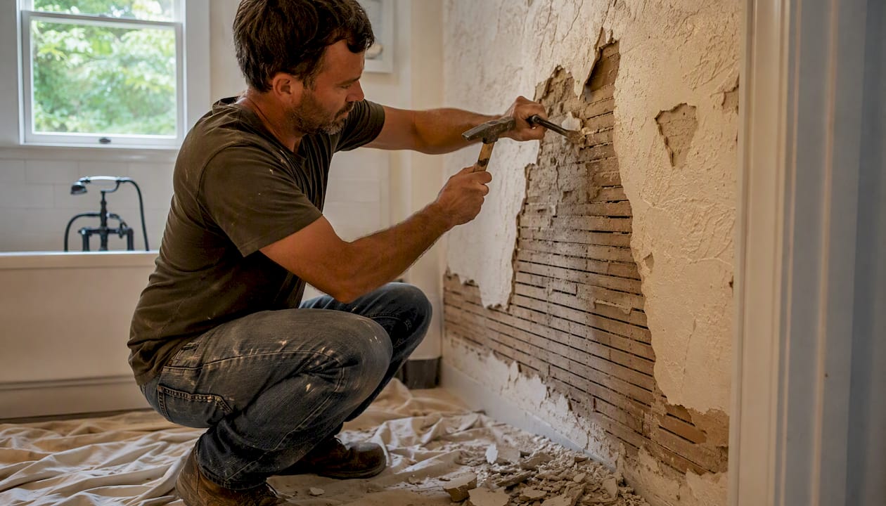 Hands chipping plaster wall during demolition