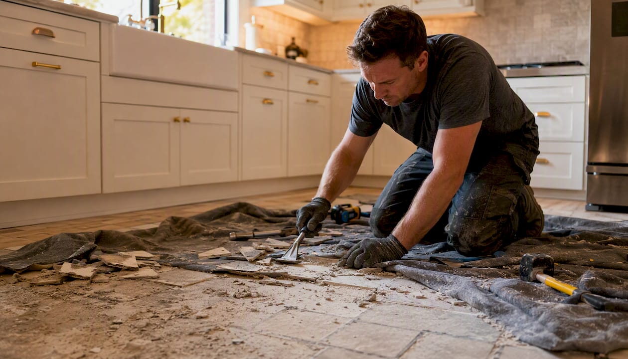 Hands removing kitchen tile selectively during demolition