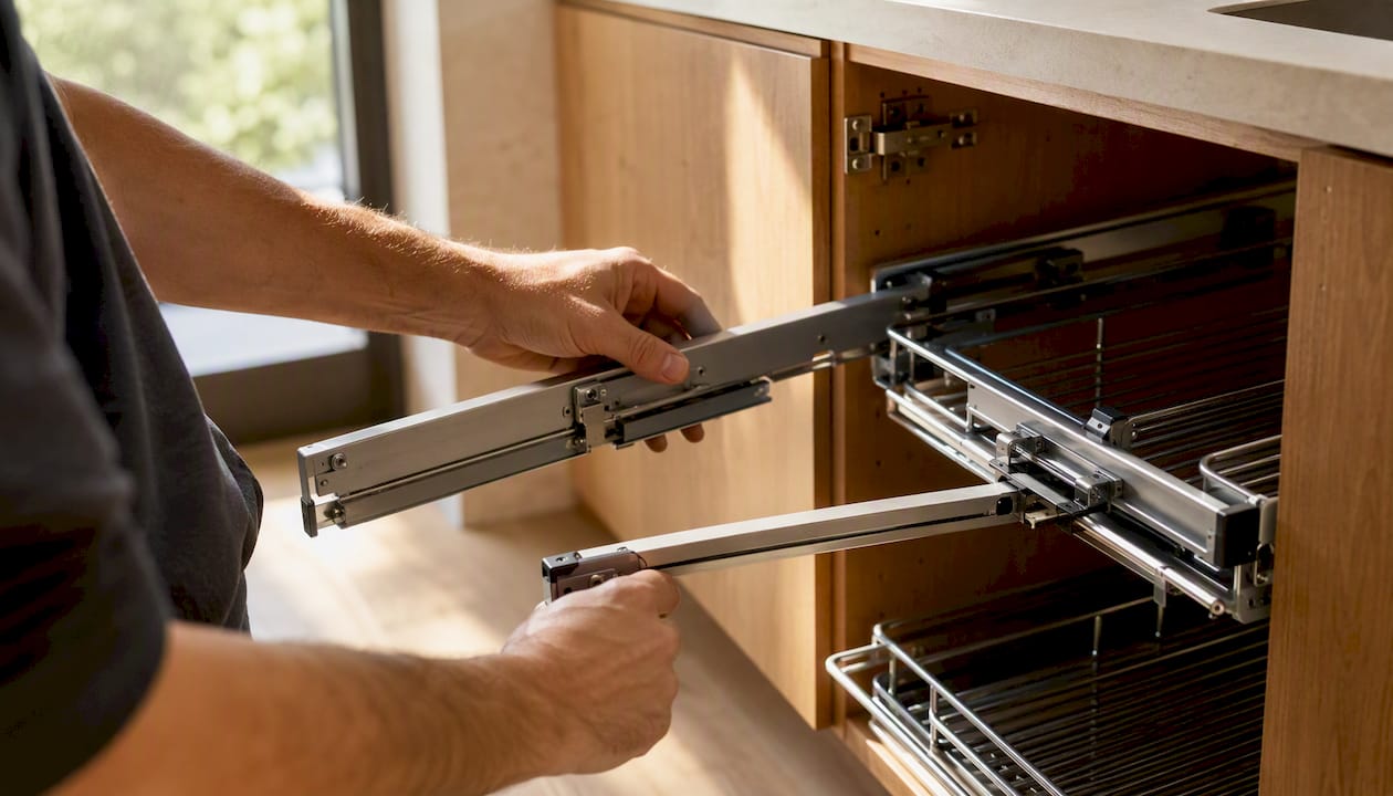Hands installing pull-out mechanism in blind corner cabinet