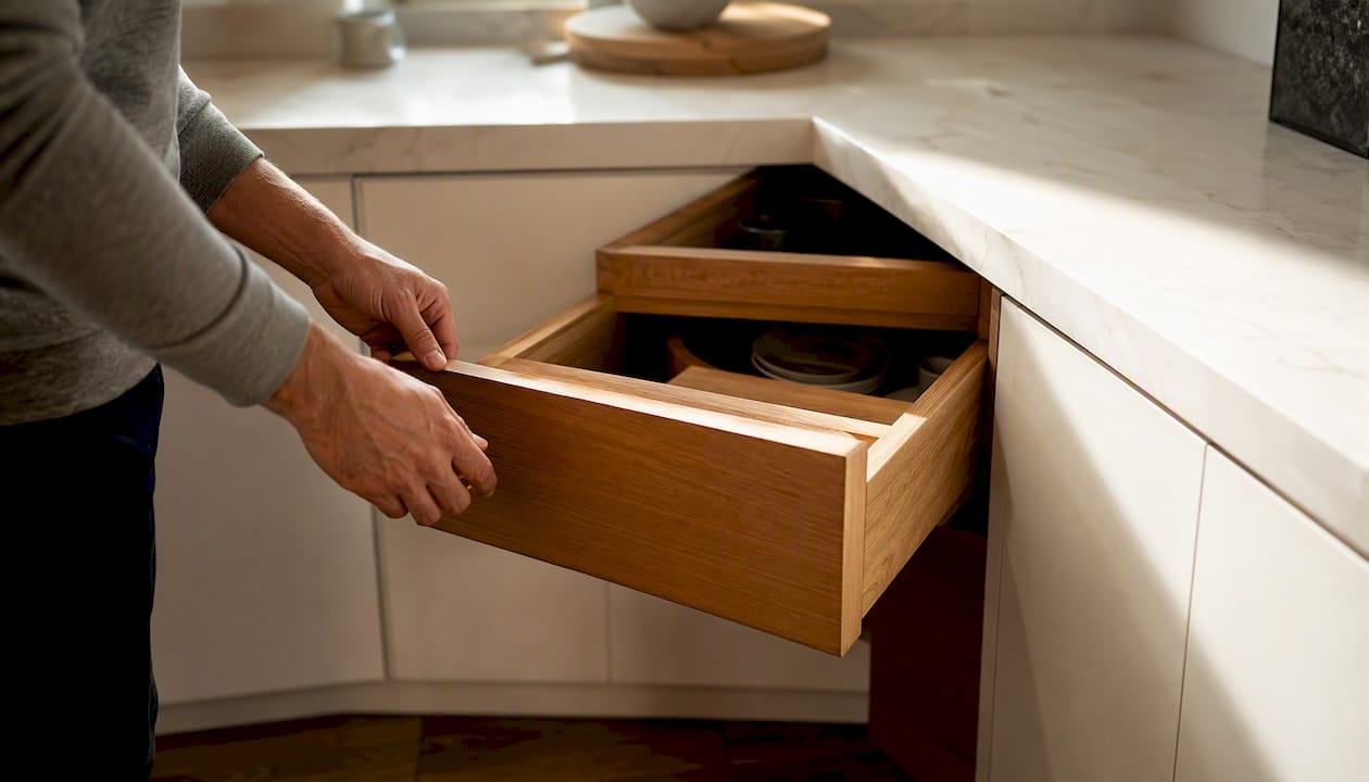 Hands opening angled corner drawer in kitchen cabinet