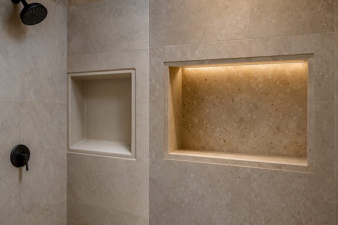 Prefabricated versus wet built shower niches side by side