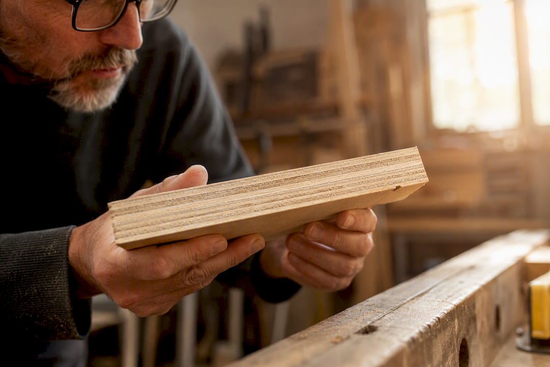 Craftsman inspecting plywood layers and core