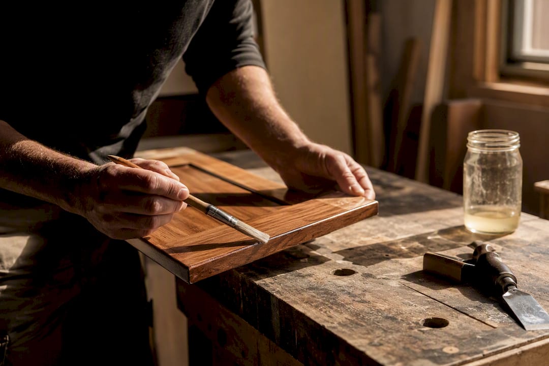 Hands sealing back of solid wood cabinet door