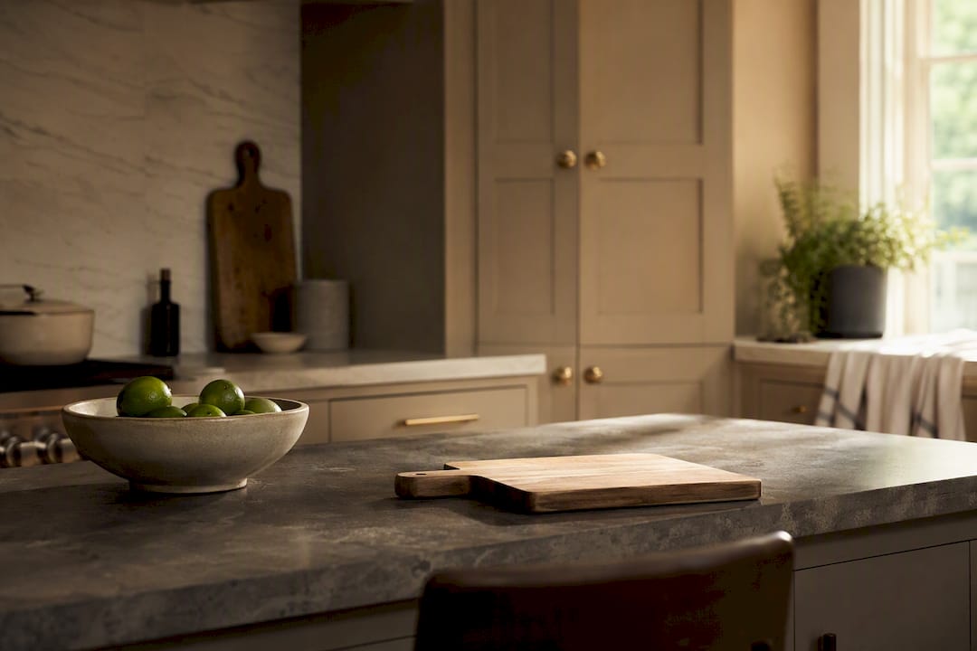 Warm neutral kitchen with brass accents