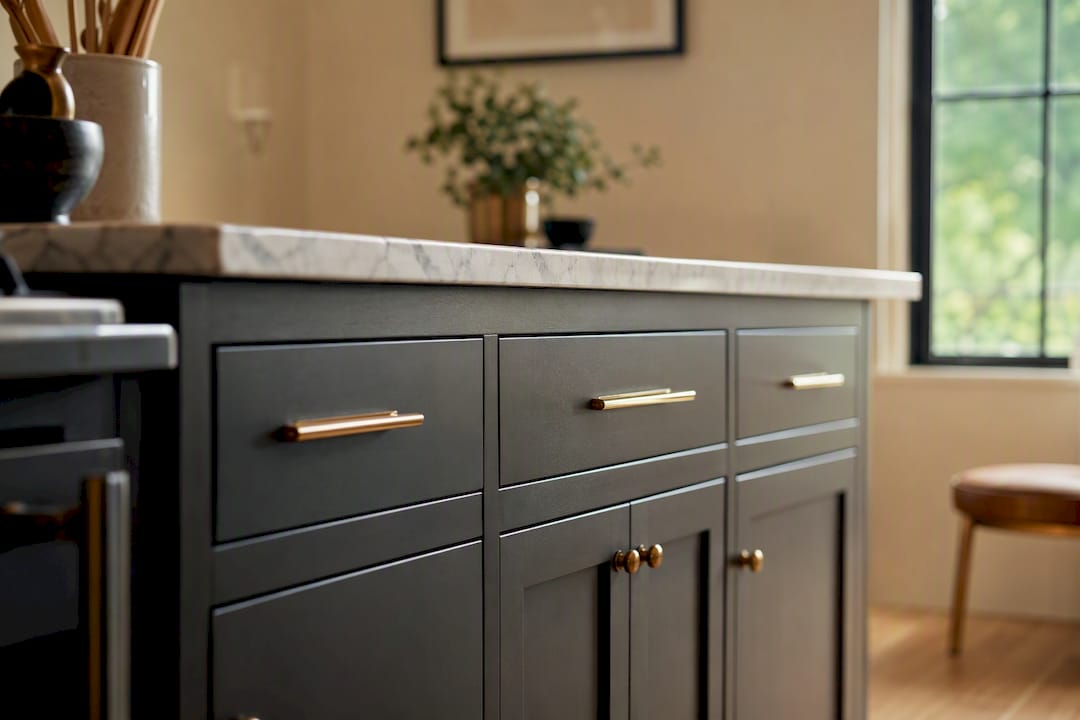 Kitchen island with deep brown cabinets and brass hardware