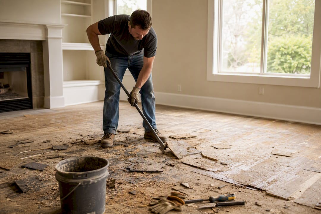 Hands removing old flooring with tools