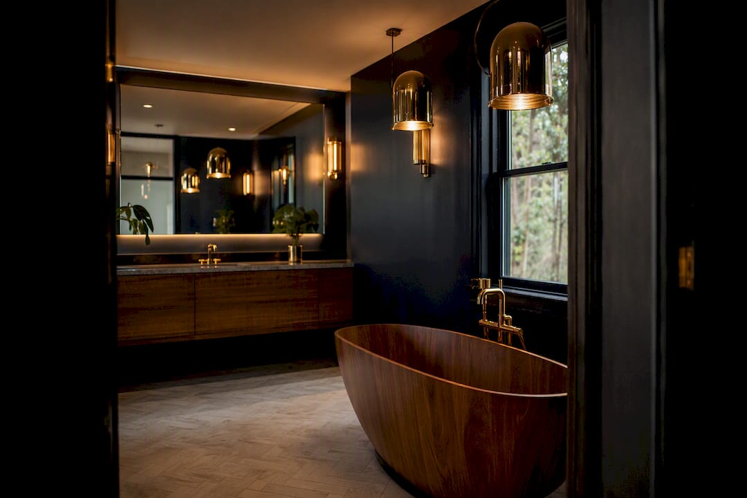 Dramatic bathroom with navy walls and brass fixtures