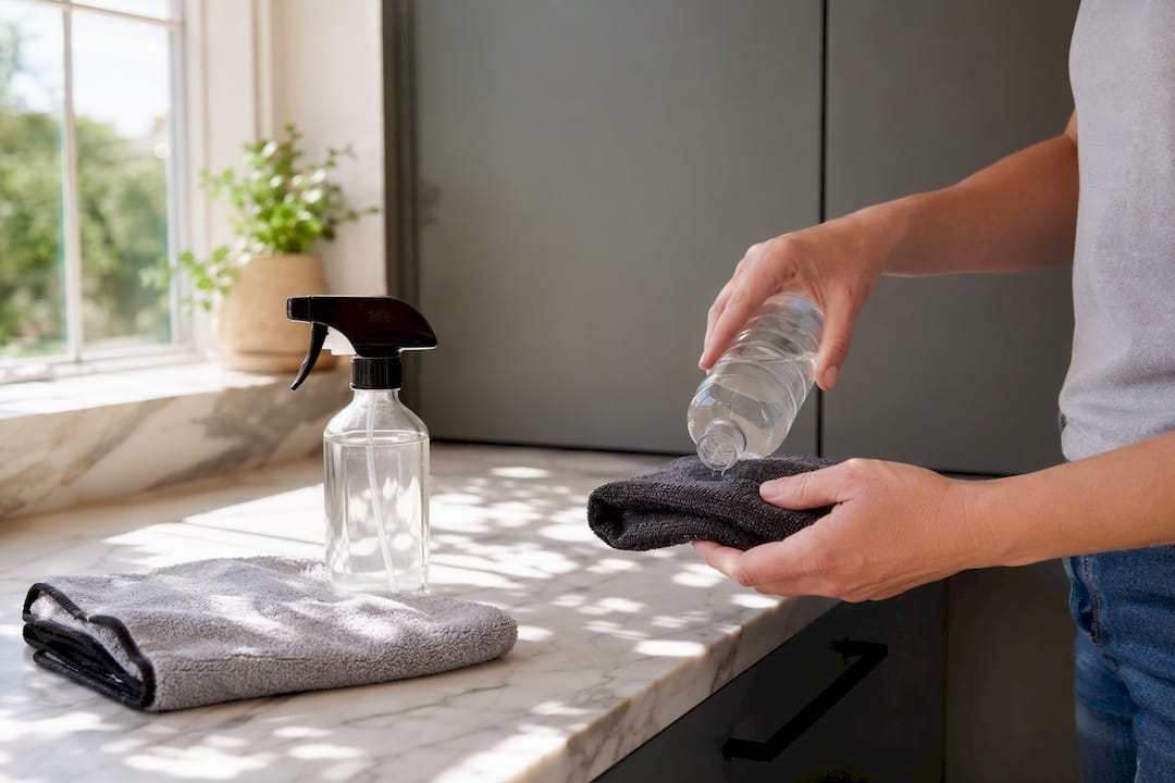 Spraying cleaner on cloth for matte cabinet cleaning