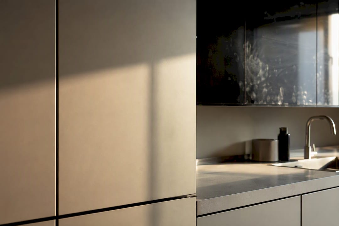 Matte cabinet surface hiding smudges against glossy door reflections
