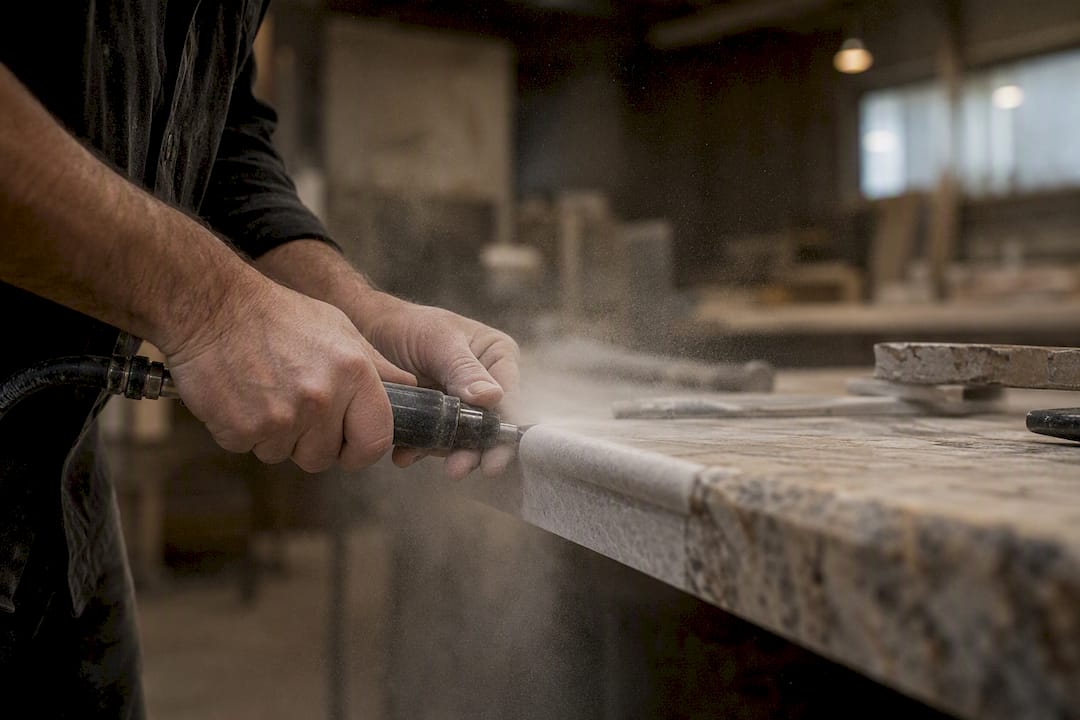 Craftsman hand shaping stone countertop edge