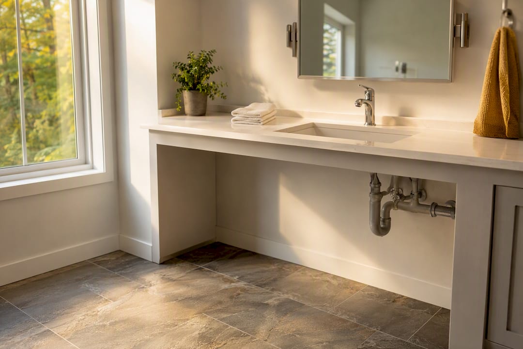 Roll-under vanity with open plumbing space