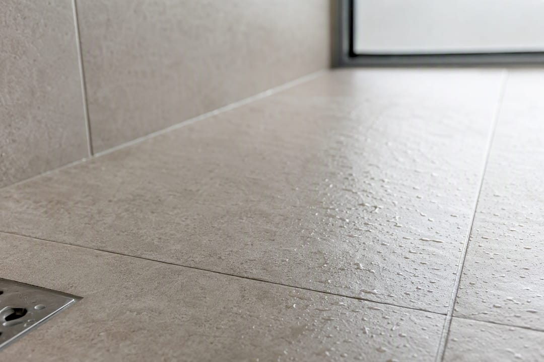 Wet bathroom floor with slip-resistant tile texture