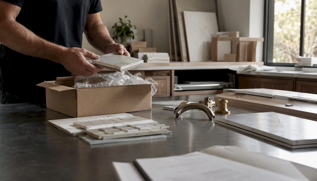 Hands unpacking bathroom remodel materials
