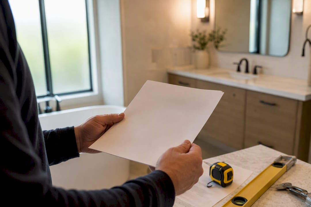 Hands holding home remodeling permit documents