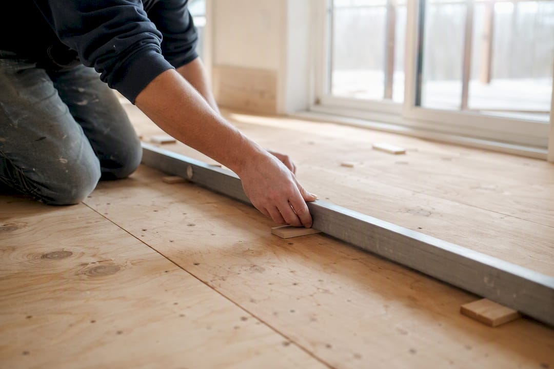 Hands leveling wooden subfloor with straightedge