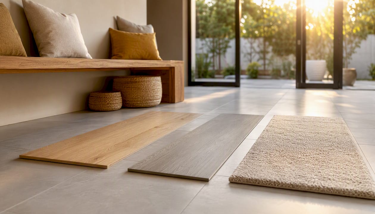 Three-flooring-material samples arranged on floor