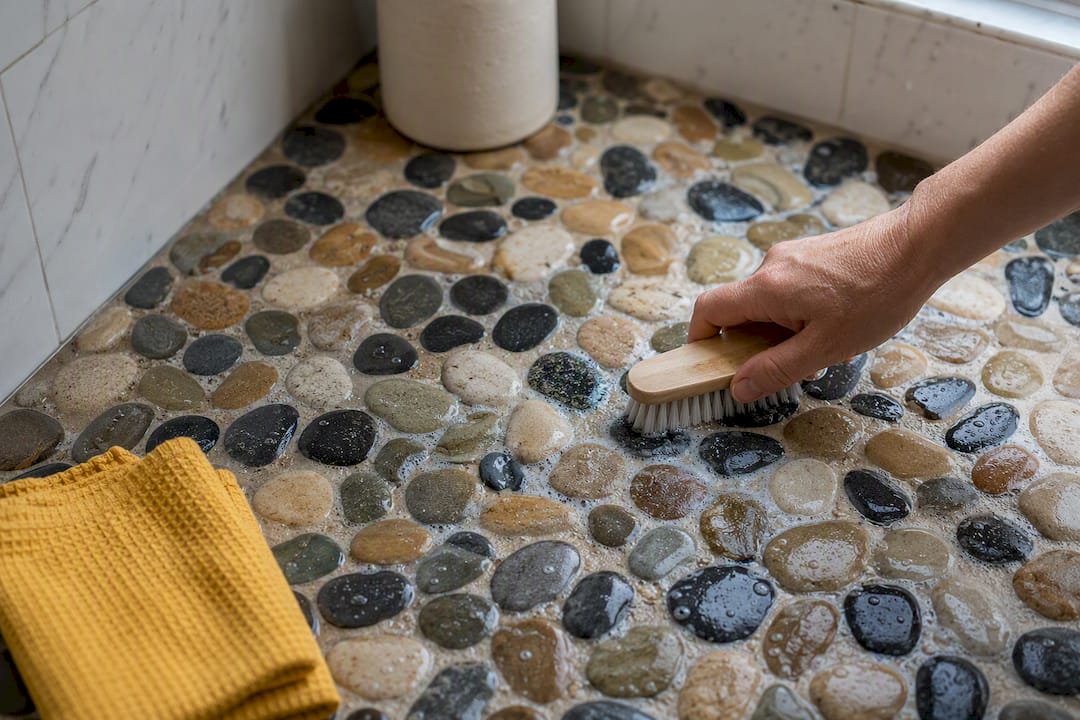 Hand cleaning textured pebble shower tile