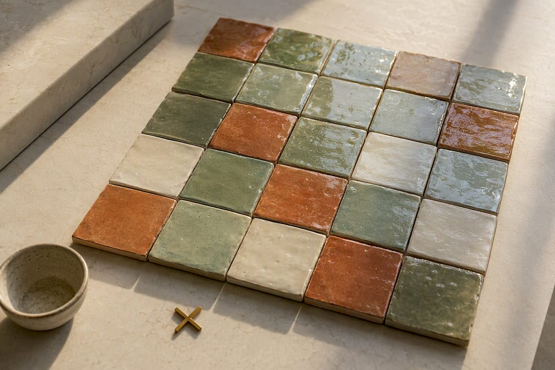 Handmade Zellige tiles showing varied glaze