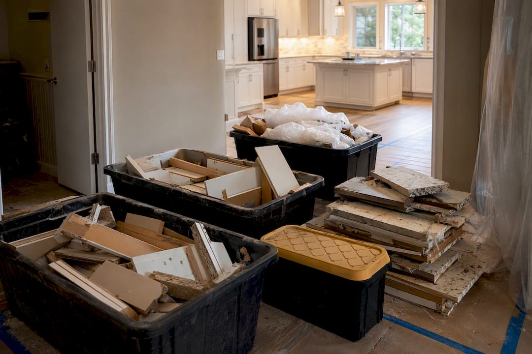 Removed cabinet materials sorted for disposal