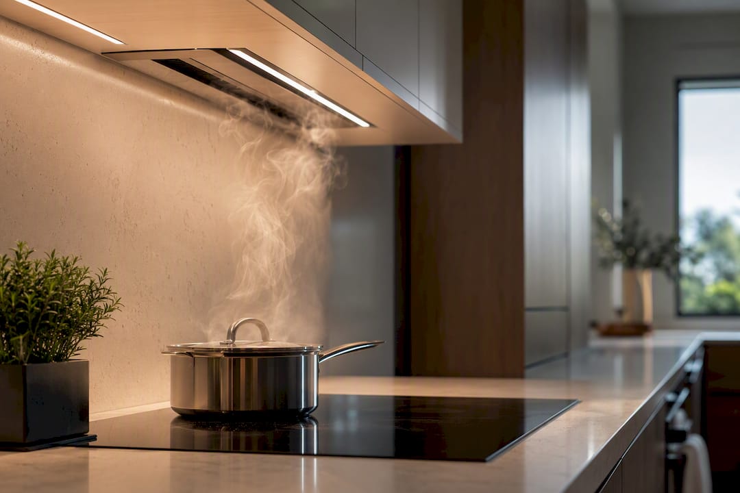 Steam being drawn through narrow kitchen ventilation