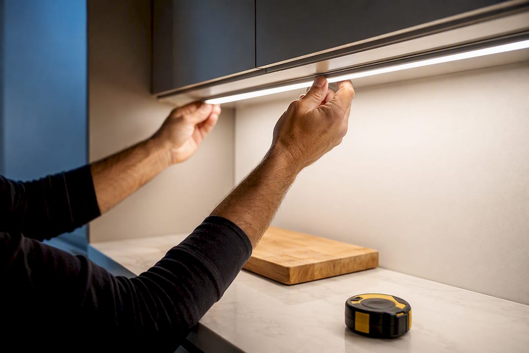 Under-cabinet strip lighting illuminating counter