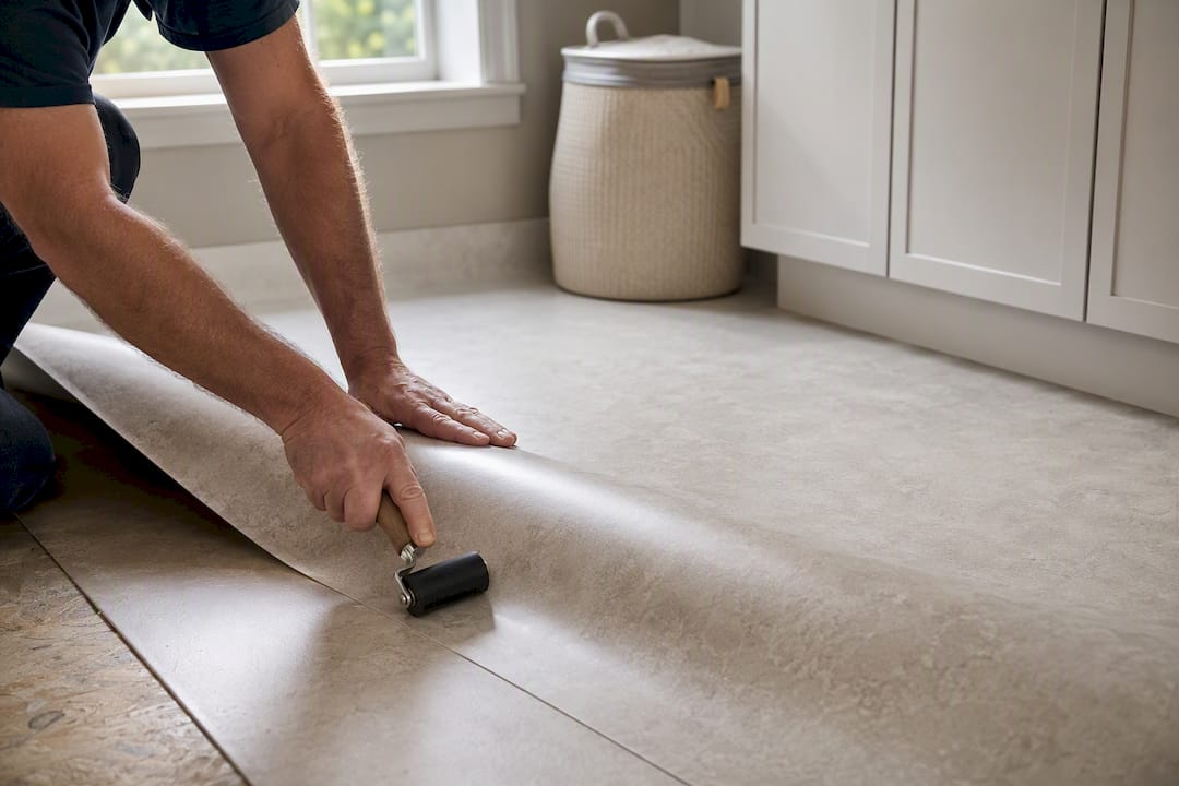 Installer smoothing seamless sheet vinyl flooring