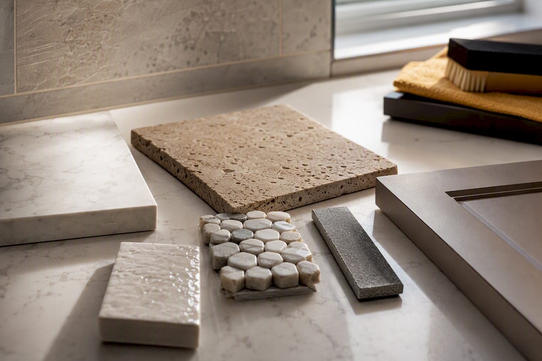 Wet-room tile grout and cabinet samples