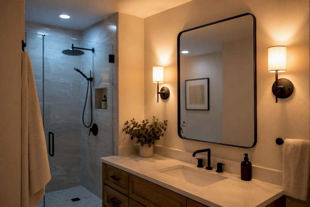 Bathroom showing layered vanity and shower lighting
