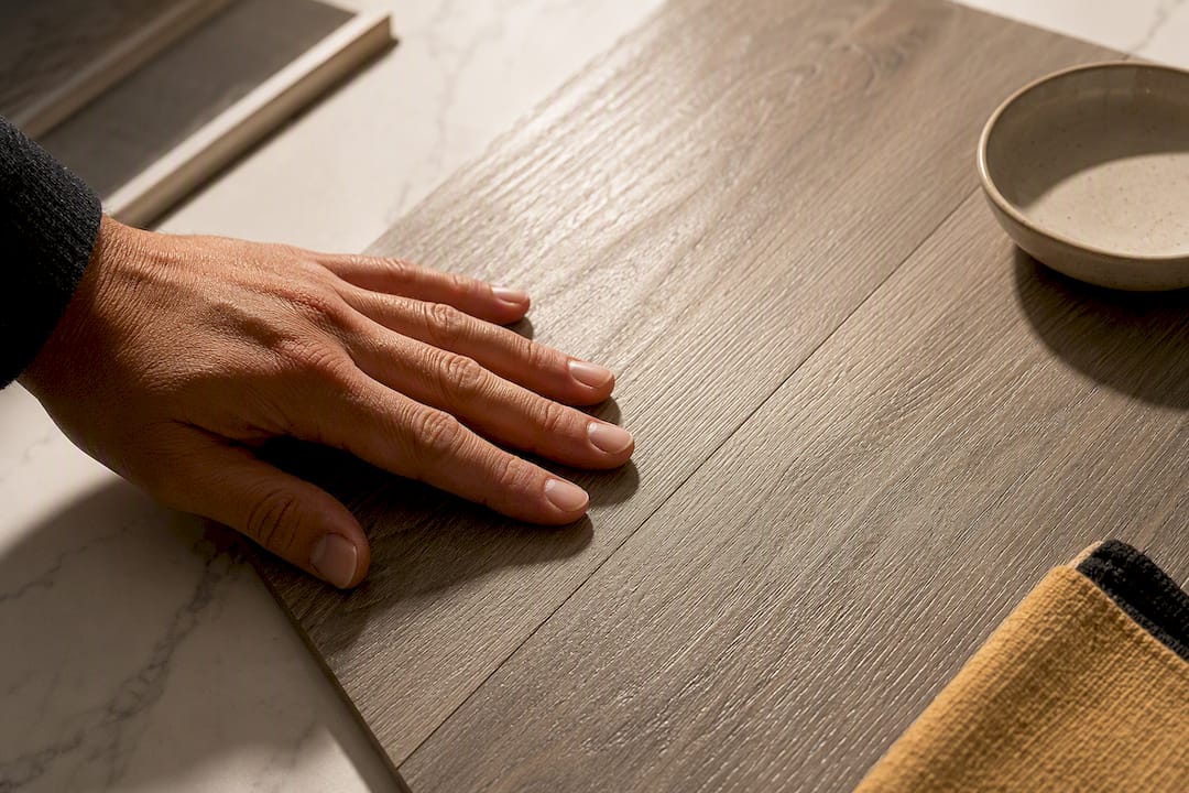 Hand examining flooring sample texture