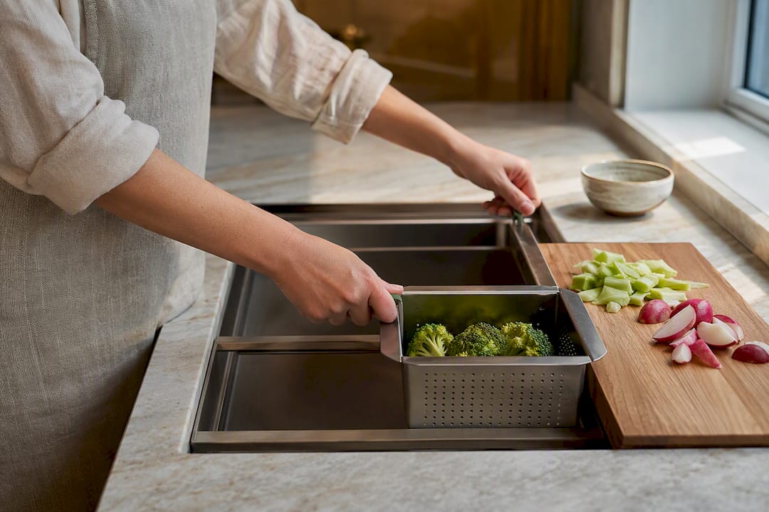 Hands using workstation sink accessories
