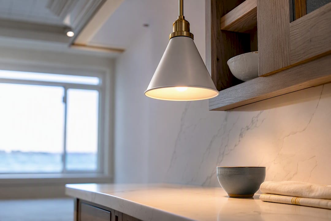 Pendant and daylight illuminating coastal kitchen workspace