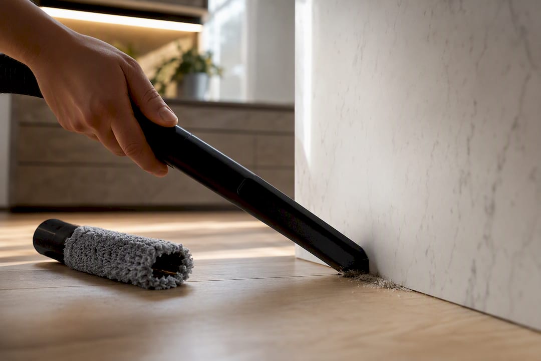 Cleaning beneath a waterfall countertop panel