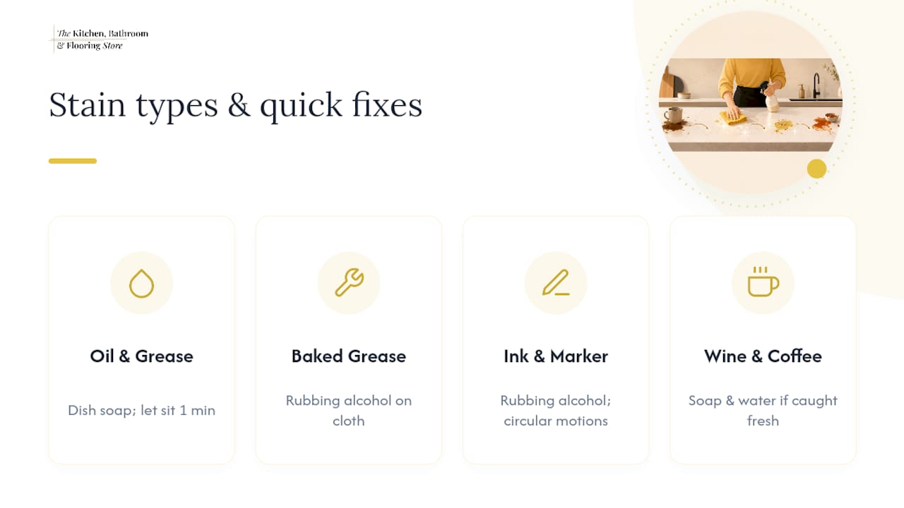 Quartz stain treatment steps and stain types