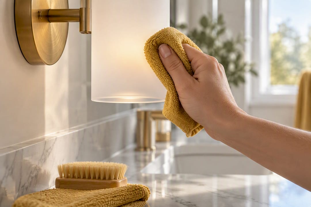 Hand wiping a frosted bathroom light shade