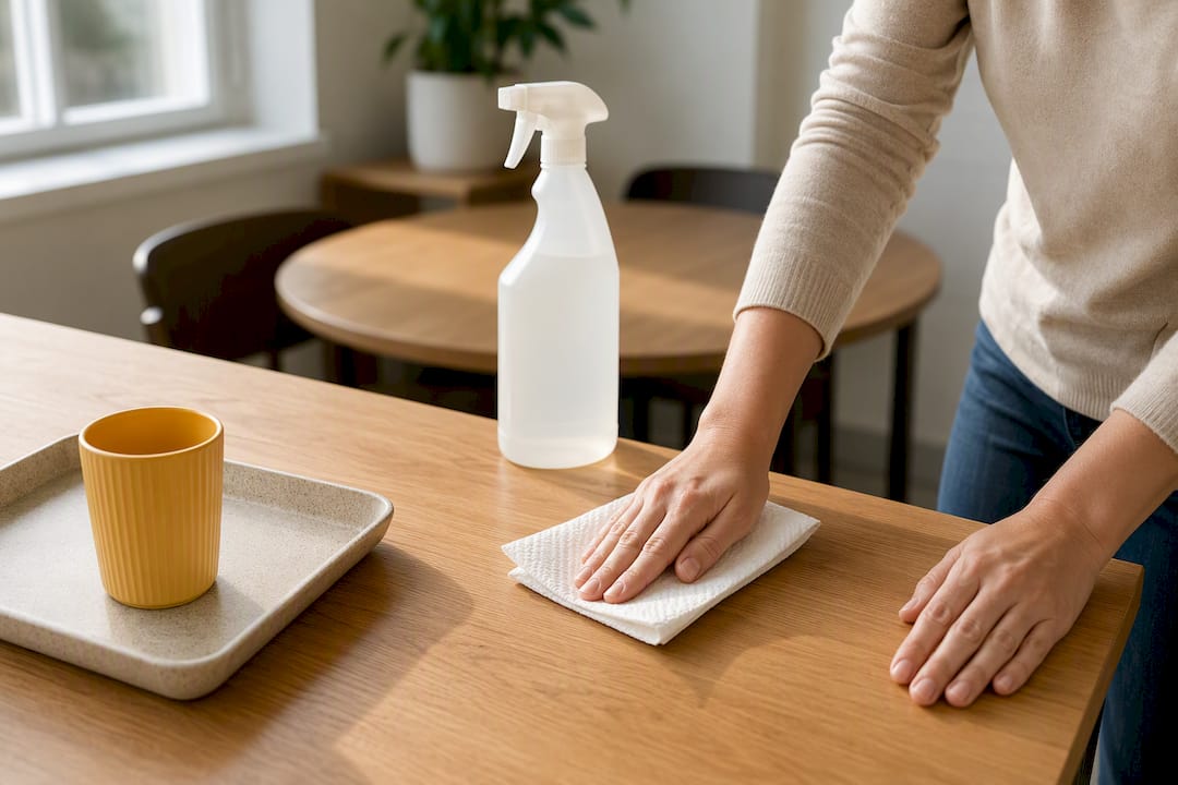 Hands wiping a temporary kitchen counter