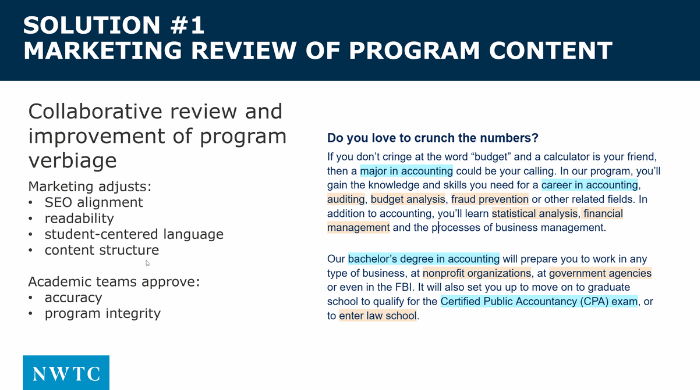 Presentation slide outlining a proposed solution to bring marketing into the curriculum approval process