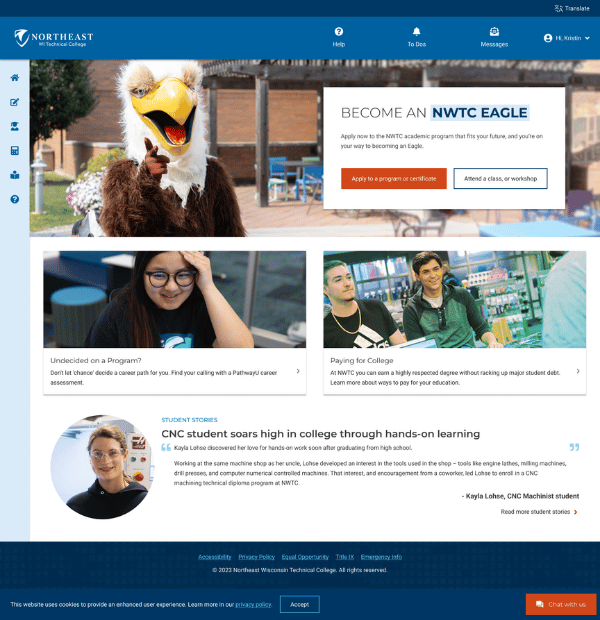NWTC Student Portal prospect home page