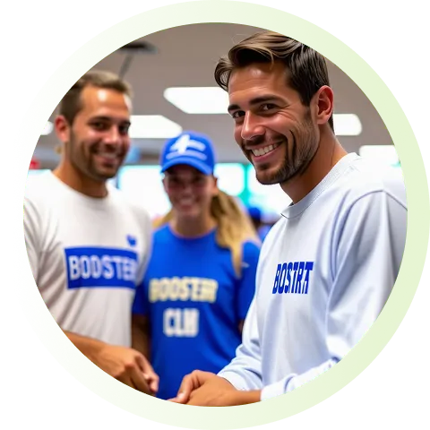 Three smiling people wearing Booster Club shirts inside a green circular frame.