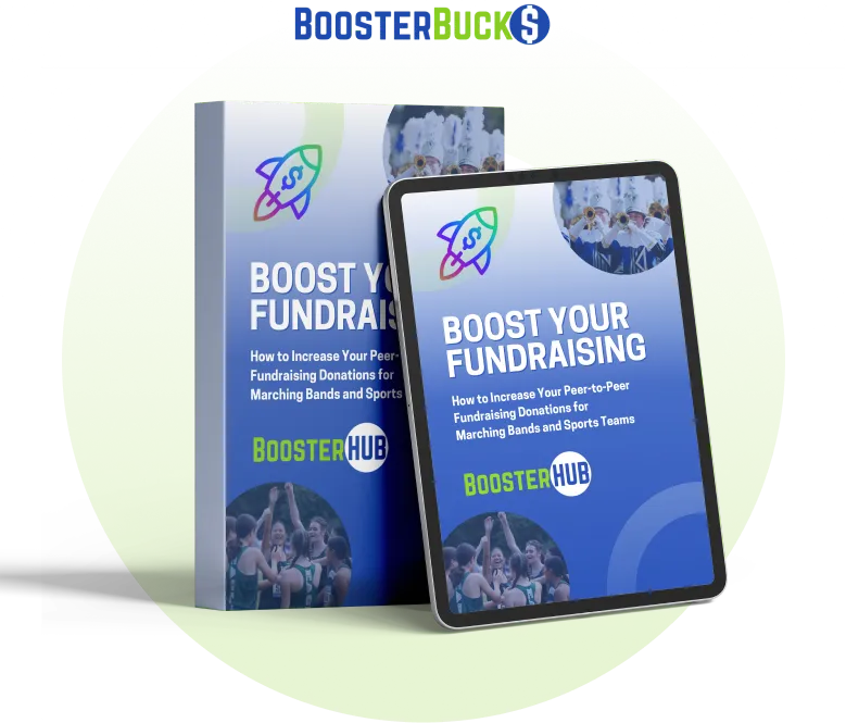 Book and tablet displaying cover for 'Boost Your Fundraising' guide to increase peer-to-peer fundraising donations for marching bands and sports teams by BoosterHub.