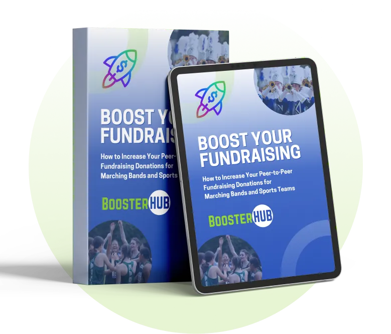 Book and tablet display titled 'Boost Your Fundraising' showing how to increase peer-to-peer fundraising donations for marching bands and sports teams, branded BoosterHub.