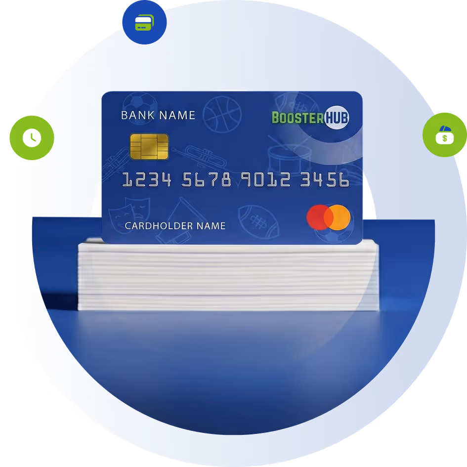 Blue credit card with BoosterHub logo resting on a stack of white paper, surrounded by icons symbolizing time, money, and fundraising.